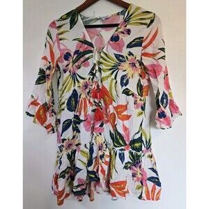 Blue Island Tunic Womens S Top Babydoll Floral Blouse Boho Travel Fairy Feminine